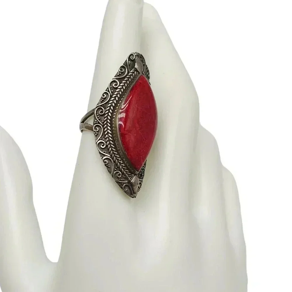 925 Sterling Silver Red Spiny Oyster Stone Ring Size 7 Vintage Southwest